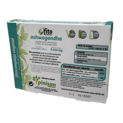 Fito Premium ASHWAGANDHA (Withania somnifera) 6.050mg 30Cápsulas de Pinisan Pinisan MYC-00857 Estados emocionales, ansiedad, ...