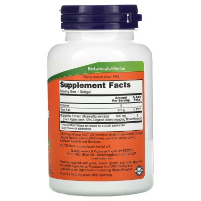 Boswellia en extracto 500 mg, 90 Perlas de NOW Foods NOW Foods NOW-04936 Suplementos Naturales acción Analgesica, Antiinflama...