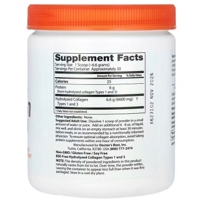 Colágeno de tipo 1 y 3 puro en polvo, 200gr de Doctor's Best DOCTOR'S BEST DRB-00203 Articulaciones, Huesos, Tendones y Muscu...