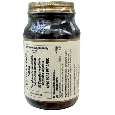 Ácido Pantoténico (Vitamina B5) 550mg de 50 ó 100 Cápsulas Vegetales de Solgar Solgar  Vitamina B salud.bio