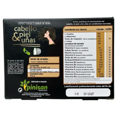 Cabello Piel y Uñas (nutrientes específicos) 40 Cápsulas de Pinisan Pinisan PIN-00158 Piel, Cabello y Uñas, Complementos y Vi...