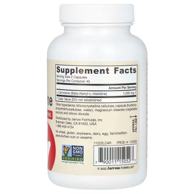 L-Carnosine, Beta-Alanyl-L-Histidine, 500 mg, 90 cápsulas de Jarrow Formulas Jarrow Formula JRW-15052 Complementos Alimentici...