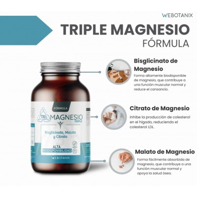 Fórmula Triple Magnesio (Bisglicinato, Malato, Citrato) 60 Cápsulas de WeBotanix WEBOTANIX WEB-22349 Suplementos Minerales  s...