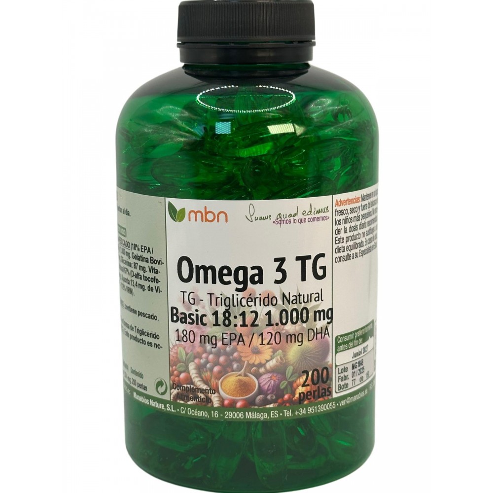 Omega 3 TG Basic 18:12 1000mg 200 Perlas de Manabíos Manabios MAN-111608 Ayudas niveles Colesterol y Trigliceridos salud.bio