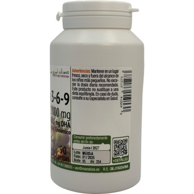 Omega 3, 6, 9 PREMIUM 90 perlas 1000mg de Manabíos Manabios MAN-111544 Ayudas niveles Colesterol y Trigliceridos salud.bio