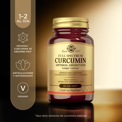 Full Expectrum Cúrcuma (Curcumin) 30 cápsulas de Solgar SOLGAR 1659597 Suplementos Naturales acción Analgesica, Antiinflamato...