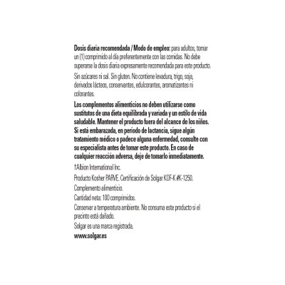 Cobre Quelado 100 Comprimidos de Solgar Solgar 100640 Vitaminas y Minerales salud.bio