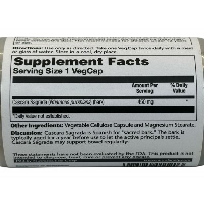 Cáscara Sagrada, 450 mg, 100 Cápsulas vegetales de Solaray SOLARAY SOR-01120 Laxantes salud.bio