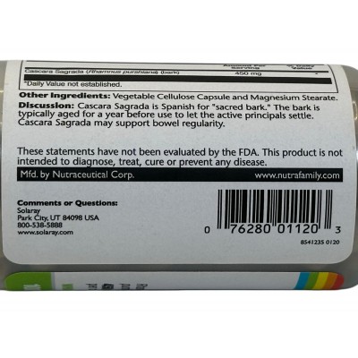 Cáscara Sagrada, 450 mg, 100 Cápsulas vegetales de Solaray SOLARAY SOR-01120 Laxantes salud.bio
