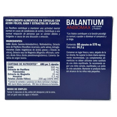 Balantium ANSIOMAX con GABA y Folatos 60 Cápsulas de derbós Derbós DER-15224 Estados emocionales, ansiedad, estrés, depresión...