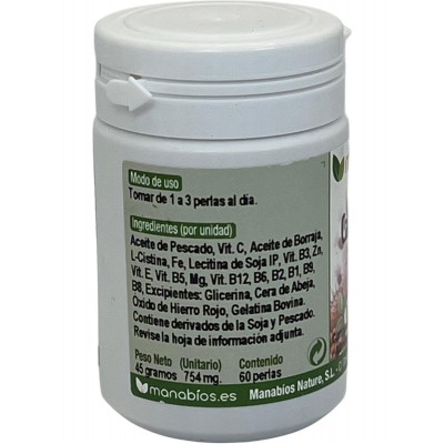 Cabello, uña y Piel 60 Perlas de Manabios Manabios MAN-111424 Piel, Cabello y Uñas, Complementos y Vitaminas salud.bio