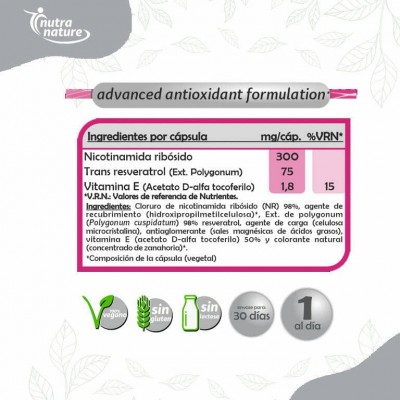 NAD+ 300mg con Trans Resveratrol 75mg, (nutranature) 30 cápsulas de Pinisan Pinisan MYC-00884 Antioxidantes salud.bio