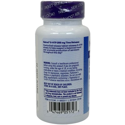 5-HTP Liberación prolongada, Potencia máxima, 200 mg, 30 Tabletas de Natrol Natrol NTL-05172 Estados emocionales, ansiedad, e...