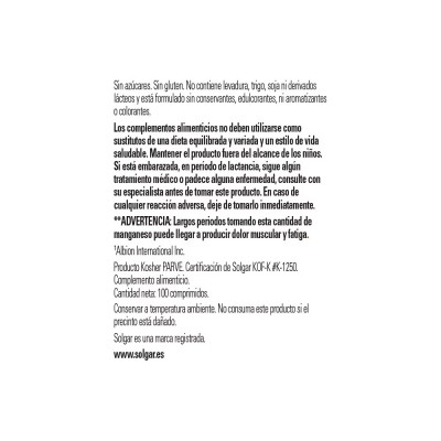 Manganeso Quelado 100 Comprimidos de Solgar Solgar 100720 Suplementos Minerales  salud.bio