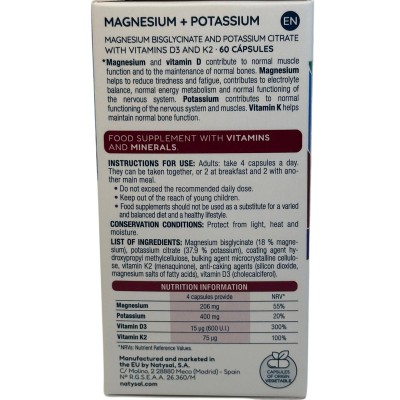 Magnesio Bisglicinato + Potasio + Vitamina D3 + Vitamina K2 60 cápsulas de Natysal Natysal NAT-32777 Articulaciones, Huesos, ...