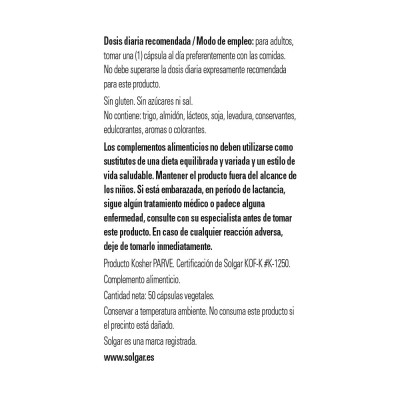 Taurina 500 mg. 50 cápsulas de Solgar Solgar 012700 Cansancio, fatiga, astenia primaveral salud.bio