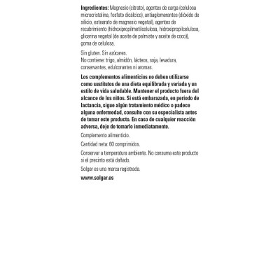 Citrato de Magnesio 200mg (60 ó 120 Comprimidos) de Solgar Solgar 183 Suplementos Minerales  salud.bio