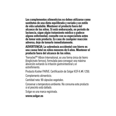 Hierro Gentle 20mg 90 cápsulas de Solgar Solgar SOL-01249 Vitaminas y Minerales salud.bio