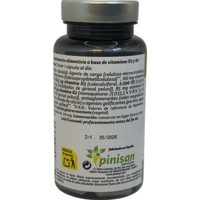 Vitaminas D3+K2 liposomadas (2.500iU+75mg) 60 Cápsulas de Pinisan Pinisan 106.00280 Articulaciones y huesos salud.bio