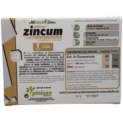 Mineraline ZINCUM (Zinc + Vitamina C) 60 cápsulas de Pinisan Pinisan MYC-00816 Sistema inmunitario salud.bio