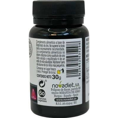 ZINC 25mg Bilglicinato de Zinc 125mg (Serie Elemantales) 30 Cápsulas de Novadiet Novadiet NOV-53529 Sistema inmunitario salud...