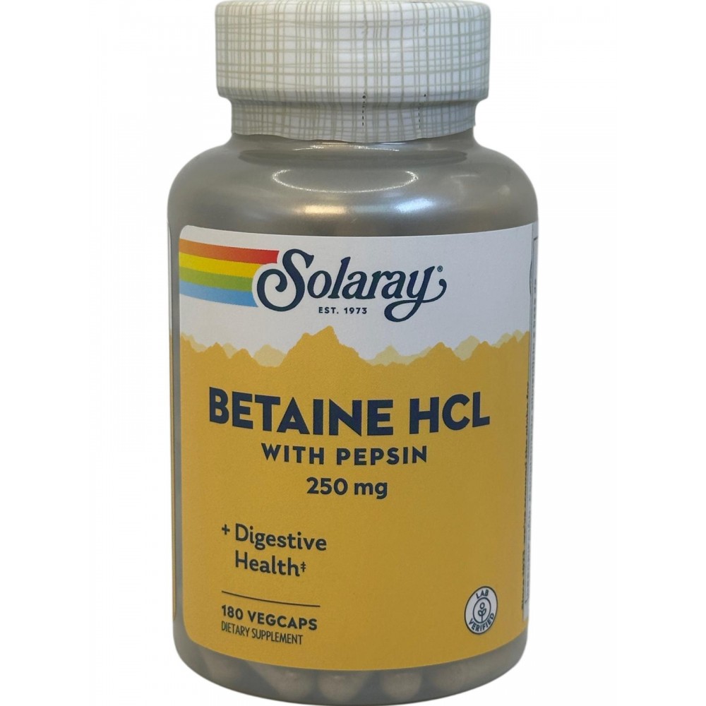 BETAINA HCL con pepsin 250mg 180 Cápsulas vegetales de Solaray SOLARAY SOL-04816 Ayudas aparato Digestivo salud.bio