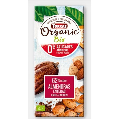 Chocolate Orgánico sin azúcar 62% negro con almendras enteras. Chocolates Torras TO 40204 Chocolates salud.bio