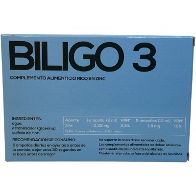 BILIGO 3 (Zinc) oligoelemento 20 ampollas de 2ml de Plantis Artesania Agrícola ART-03903 Sistema inmunitario salud.bio