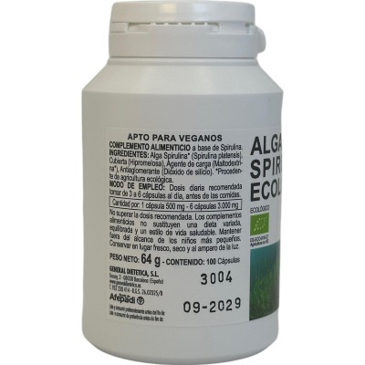 Alga Spirulina Ecológica 500mg 100 cápsulas de Integralia INTEGRALIA 497 Vitaminas y Minerales salud.bio