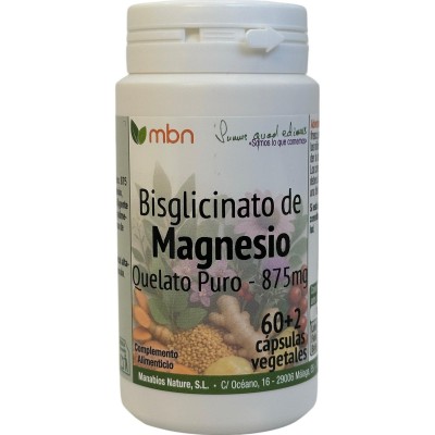 Bisglicinato de Magnesio (Quelado puro) 875mg 60+2Cápsulas vegetales de Manabios Manabios MAN-37153 Articulaciones, Huesos, T...
