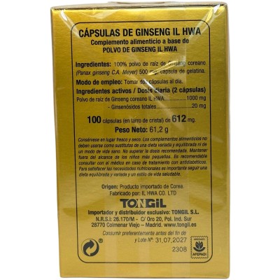Ginseng IL HWA de 500mg en 100 cápsulas de Tongil Tongil A05 Cansancio, fatiga, astenia primaveral salud.bio
