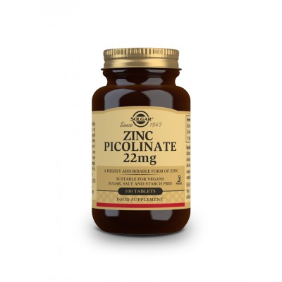 Picolinato de Zinc 22 mg 100 tabletas de Solgar Solgar SOL-03725 Sistema inmunitario salud.bio