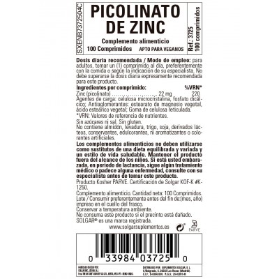 Picolinato de Zinc 22 mg 100 tabletas de Solgar Solgar SOL-03725 Sistema inmunitario salud.bio