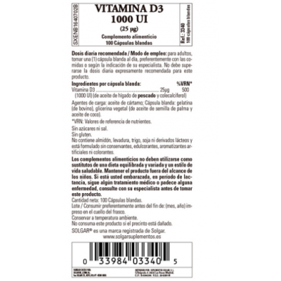 Vitamina D3 1000 UI (25 μg) (Aceite de Hígado de Pescado y Colecalciferol) - 100 cápsulas blandas de Solgar SOLGAR 3340 Vitam...
