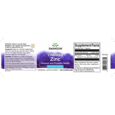 Zinc Quelado (Albion®) 30mg 100 Cápsulas de Swanson Swanson SWV-02065 Sistema inmunitario salud.bio