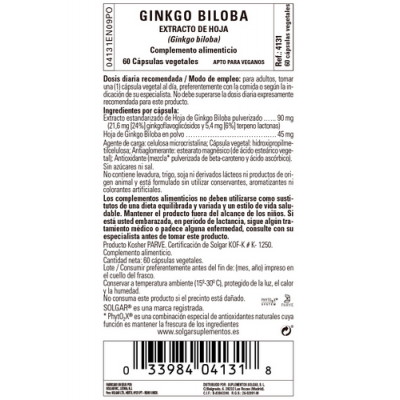 Ginkgo Biloba Extracto de Hoja (Ginkgo biloba) - 60 Cápsulas vegetales de Solgar SOLGAR SOL-0621 Sistema circulatorio salud.bio