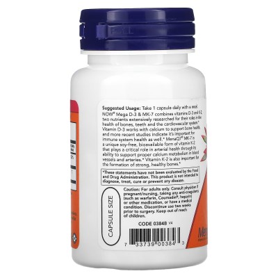 Mega vitamina D3 y MK-7, 180 mcg, (5000 UI), 60 ó 120 cápsulas vegetales de NOW Foods NOW Foods  Vitamina A y D salud.bio