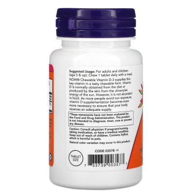 Vitamina D3 masticable, Sabor natural a frutas, 1000 UI, 180 comprimidos masticables de NOW Foods NOW Foods NOW-00357 Vitamin...