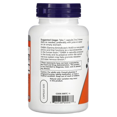 GABA (ácido gamma-aminobutírico) 500mg de Now Foods NOW Foods NOW-00087 Estados emocionales, ansiedad, estrés, depresión, rel...