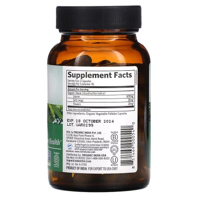 Neem Organico, 90 cápsulas vegetales de Organic India India Organic USA ORI-00054 Ayudas aparato Digestivo salud.bio