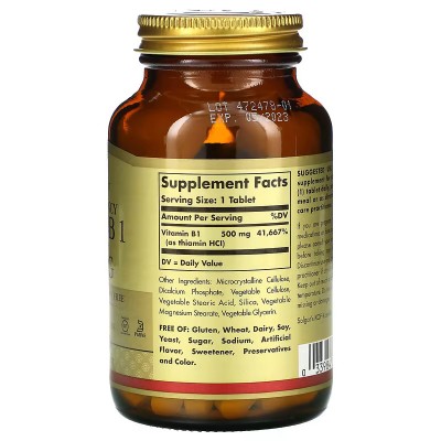Vitamina B1 en 500 mg (Tiamina) 100 comprimidos de Solgar SOLGAR SOL-02980 Vitamina B salud.bio