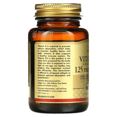 Vitamina D3 (colecalciferol), 125 mcg (5.000 UI), 100 cápsulas blandas de Solgar SOLGAR SOL-19377 Vitamina A y D salud.bio