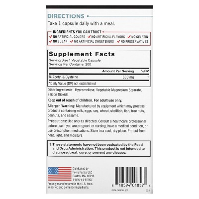 NAC, N-acetil-L-cisteína, 600 mg, 200 cápsulas vegetales de Force Factor Force Factor FOA-01857 Higado y sistema hepatobiliar...