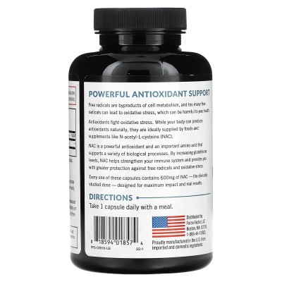 NAC, N-acetil-L-cisteína, 600 mg, 200 cápsulas vegetales de Force Factor Force Factor FOA-01857 Higado y sistema hepatobiliar...