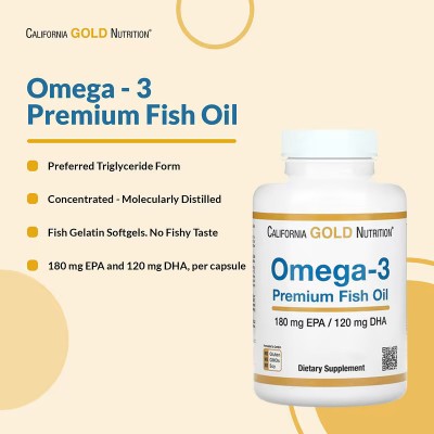 Aceite de pescado prémium con omega-3, 180 EPA/120 DHA, 100 perlas de California Gold Nutrition California Gold Nutrition MLI...
