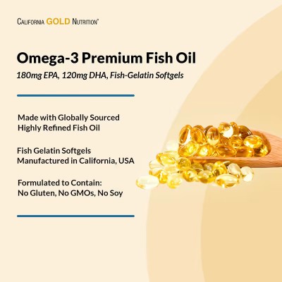 Aceite de pescado prémium con omega-3, 180 EPA/120 DHA, 100 perlas de California Gold Nutrition California Gold Nutrition MLI...