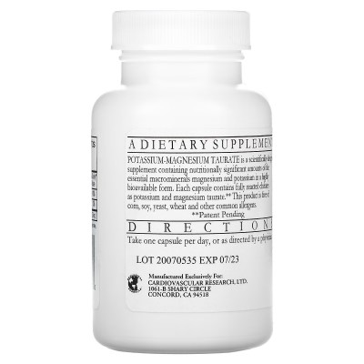 Taurato de potasio y magnesio, 60 cápsulas de Cardiovascular Research Ltd. Cardiovascular Research Ltd. CVR-13082 Minerales s...