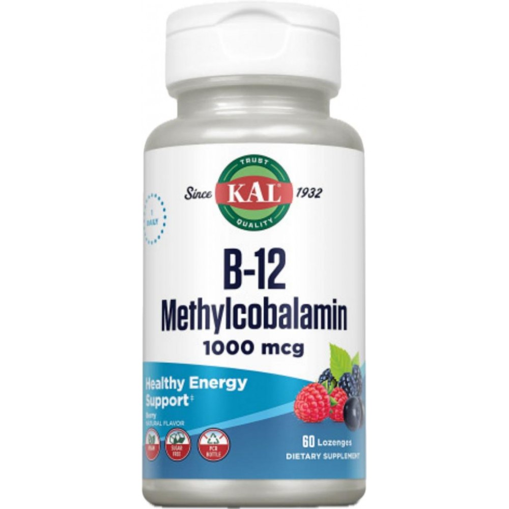 B12 Metilcobalamina (Methycobalamin) 1000 mcg, 60 Comprimidos Masticables sabor Fresa de KAL SOLARAY SM-53575 Vitamina B salu...