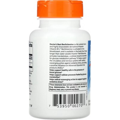 B1 Benfotiamina con BenfoPure, 300 mg, 60 cápsulas vegetales de Doctor's Best DOCTOR'S BEST DRB-00270 Ayuda Glucemia y Diabet...