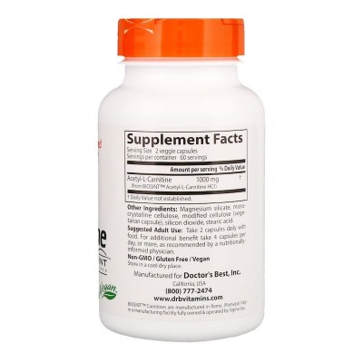 Acetil-L-Carnitina, 500 mg, 120 Cápsulas Vegetales Doctor's Best DOCTOR'S BEST DRB-00152 Estados emocionales, ansiedad, estré...
